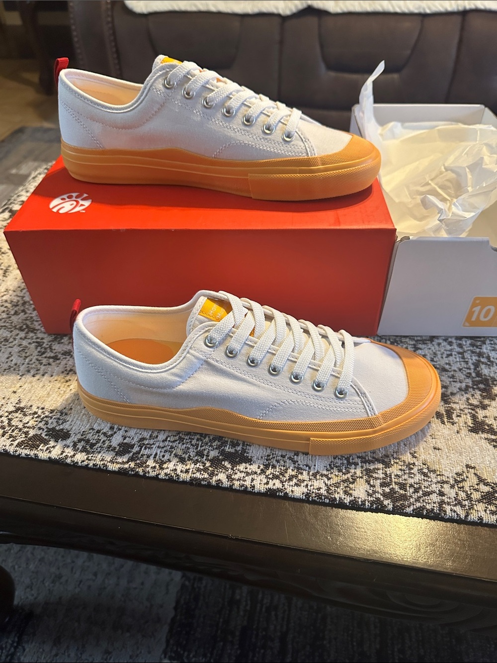 White Canvas Low-Top Sneakers with Orange Gum Sole